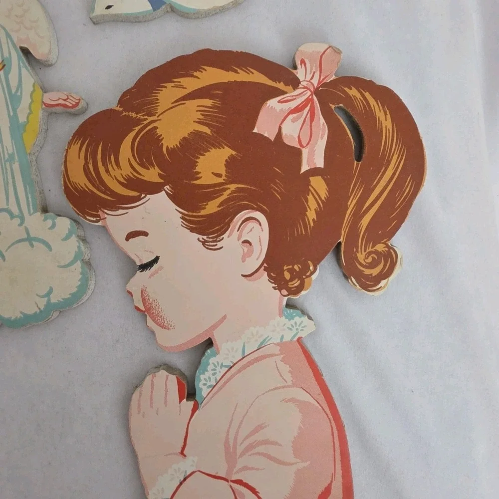 VTG 50s Dolly‎ Toy Boy & Girl Praying Angel Doves Wall Decor Evening Prayer